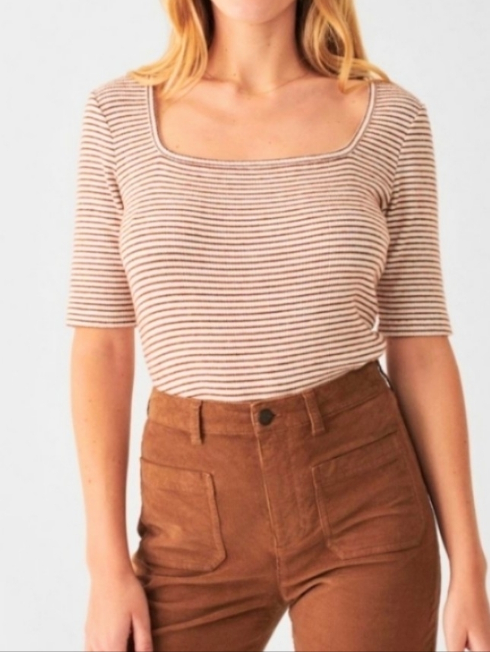 Faherty Legend Rib Square Neck Tee-Henna Chalk Stripe, Size M